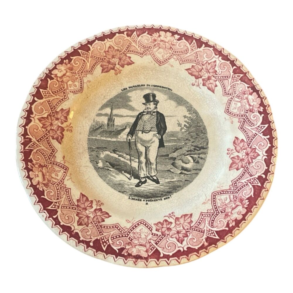 Antique 19th c. French Assiette Parlante "Talking Plate" Ironstone Transferware